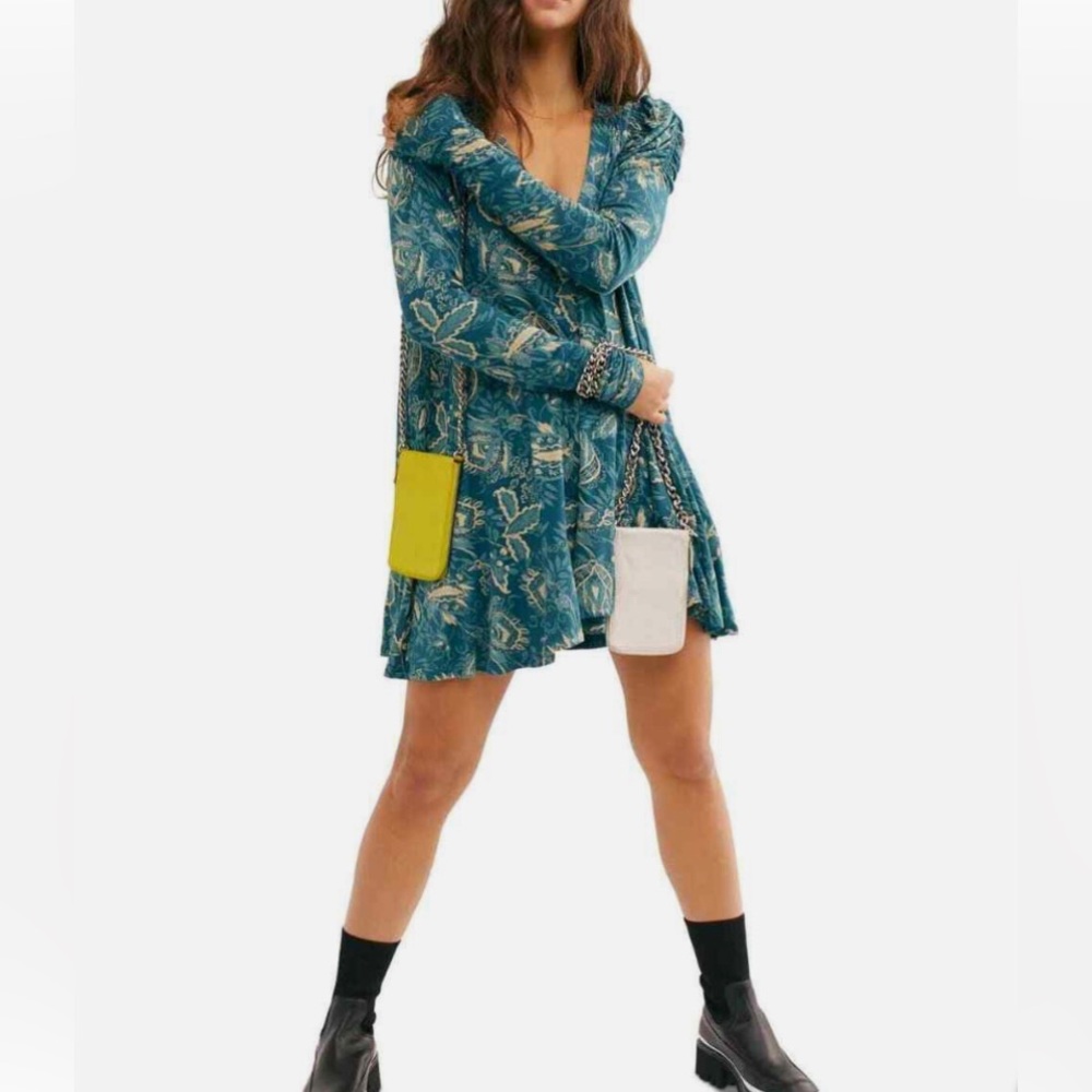 Free People Mini Dress Hello Lover Tunic Dress-Top Green Floral Size XS